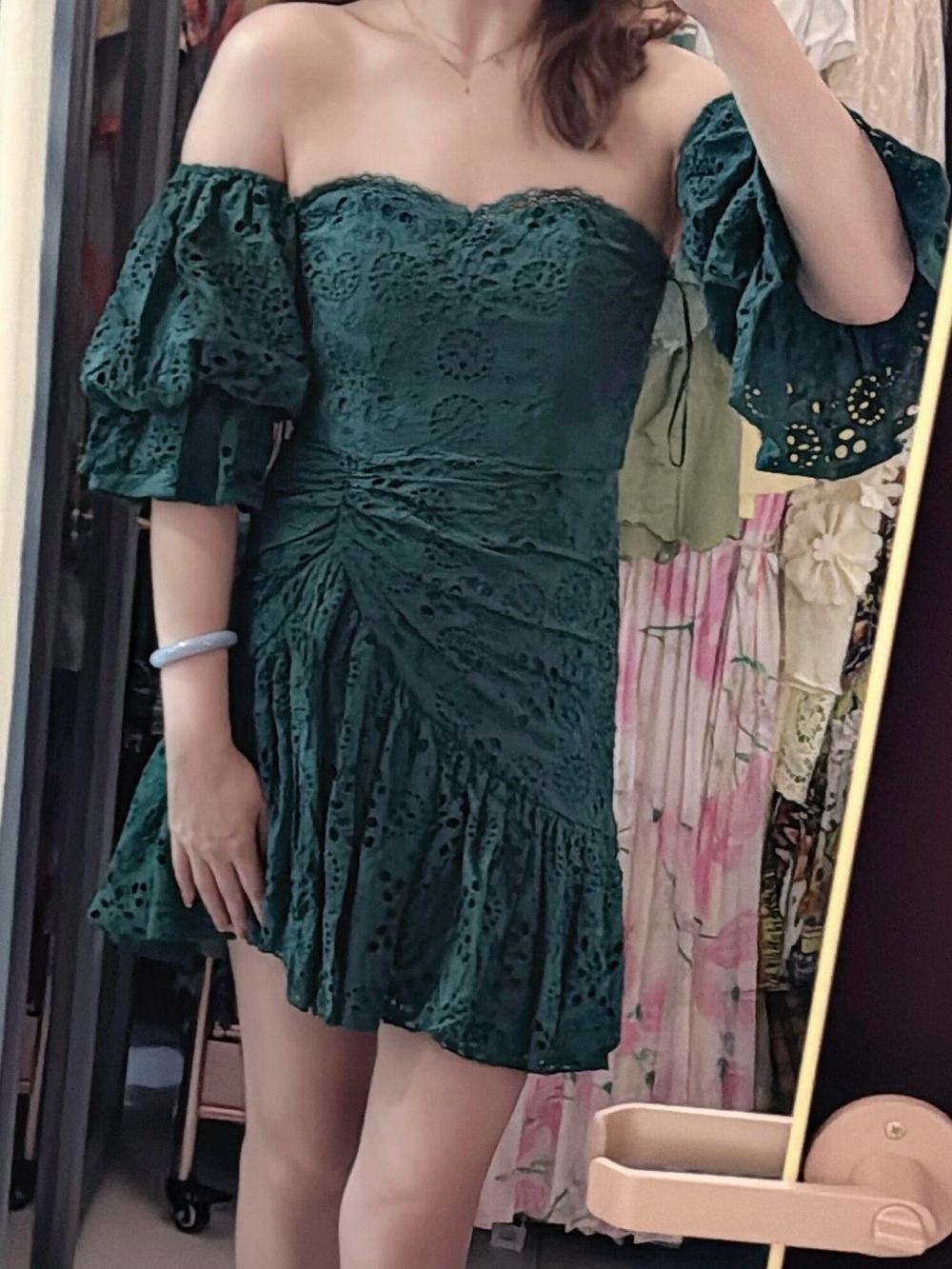 Forest Green Broderie Lace Off Shoulder Mini Dress Small